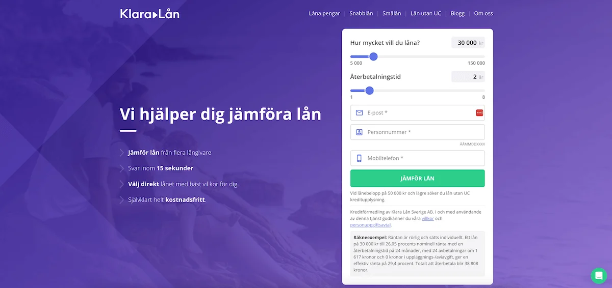 Klara Lån hemsida
