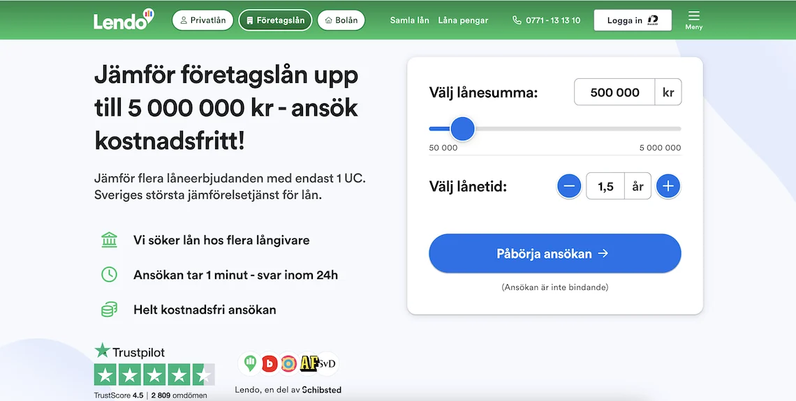 Lendo Företagslån hemsida