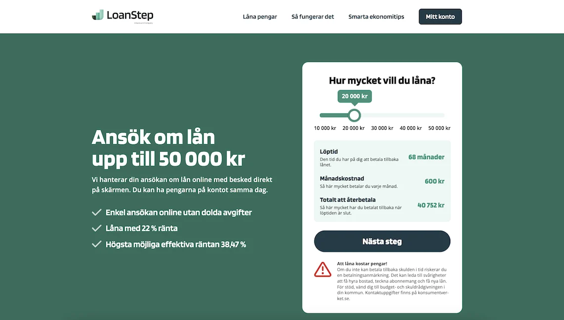 Loanstep hemsida - Långivare av P2P lån utan kreditupplysning hos UC